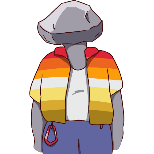 a figure with a large rock for a head and gray skin wearing a white tank top, blue jeans with a carabiner clipped on, and an unbuttoned over shirt colored with the butch flag, with the stripes being scarlet, orange, light orange, white, light yellow, yellow, and yellow ochre. 